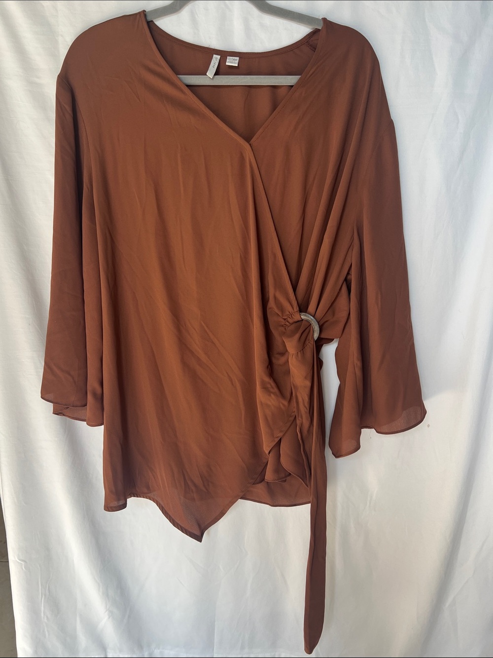Womens Rust Wrap-Front Knot Blouse